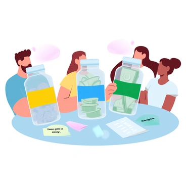 A group of three friends is gathered around a table, each with a clear jar in front of them. Each jar has a colorful label indicating the person's name and savings goal. The first jar is filled with shiny coins and has a bright yellow label. The second jar contains folded currency notes and is marked with a vibrant blue label. The third jar has a mix of coins and notes with a green label. The friends are engaged in discussion, smiling and celebrating their savings challenge. A stack of colorful sticky notes with motivational phrases is placed on the table next to the jars.