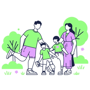 A family is standing in a sunny park, performing heel taps together. The family consists of four members: a father, a mother, and two children. The father is wearing a green t-shirt and shorts, while the mother is dressed in a purple blouse and loose trousers. The children, a boy and a girl, are wearing matching outfits in coordinating colors. They are all smiling as they lift their right legs to tap their heels together, creating a sense of unity and joy. In the background, various trees provide shade, and there are soft green grass patches on the ground. A few colorful flowers can be seen scattered throughout the area.