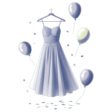 A sparkling party dress hanging neatly on a hanger. The dress features intricate sequins that catch the light, creating a shimmering effect. Surrounding the dress are colorful balloons, some in an upright position, while others are slightly deflated, adding a festive atmosphere. Scattered across the floor are pieces of confetti, varying in shape and size, enhancing the party theme. The background is simple, keeping the focus on the dress and the celebration elements.