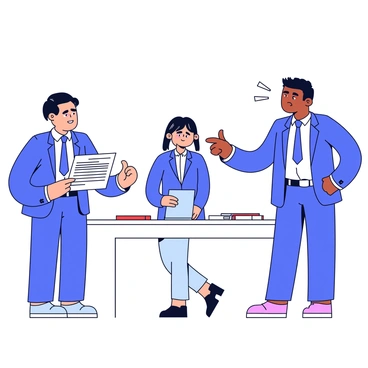 Two people are standing face to face, visibly upset, with furrowed brows as they argue over a contract of indemnity. One person is holding the contract, pointing at it assertively, while the other person has their hands on their hips, showing frustration. In the background, a concerned lawyer stands slightly to the side, dressed in a formal suit, with a clipboard in hand. The lawyer appears to be observing the situation closely, ready to intervene. The setting is an office with a simple desk and a few scattered papers.