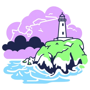 A lighthouse is perched on top of a steep cliff, standing tall against the elements. The lighthouse features a cylindrical shape with a conical roof, and its beam of light is cutting through the dark, tumultuous clouds above. The sea below is choppy, with large waves crashing against the rocky shore, sending up sprays of white foam. The sky is filled with swirling clouds, some dark and others illuminated by flashes of lightning in the distance. The cliff is rugged, with patches of grass and scattered rocks, adding to the dramatic landscape.