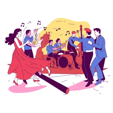 A vibrant scene featuring couples swing dancing energetically on a polished wooden dance floor. The couples are dressed in colorful outfits, with some wearing bright red dresses and others in blue suits. The dancers are in various dynamic poses, with arms raised and feet tapping rhythmically. In the background, a live jazz band is performing, with musicians playing a saxophone, trumpet, and double bass. The band is illuminated by warm yellow lights that create a lively atmosphere. There are music notes visually represented around the dancers, enhancing the feeling of movement and rhythm in the air.