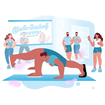 A fitness trainer is positioned on a gym mat, demonstrating the bird-dog exercise. The trainer is on all fours, extending one arm forward and the opposite leg backward, creating a straight line from hand to foot. In the background, a group of individuals is watching attentively, all dressed in athletic wear. Some participants are taking notes, while others are mimicking the trainer's posture. The gym is equipped with various fitness equipment, such as weights and exercise balls, creating a lively atmosphere. "Bird-dog exercise" is displayed prominently on a whiteboard in the corner of the gym.
