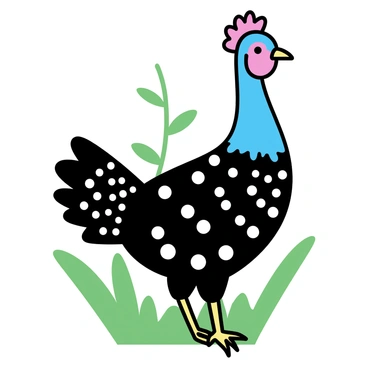 A close-up illustration of a guinea fowl, showcasing its vibrant plumage with intricate patterns of white spots on a dark blue-black body. The bird's distinct rounded head features a bright red wattle and a short crest. The background consists of a lush green, filled with soft leaves and hints of grass, creating a vivid contrast to the guinea fowl's striking colors.