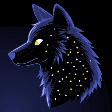 A wolf head with a detailed, textured fur pattern resembling a sky full of twinkling stars. The fur is dark blue and black, with small clusters of bright white and yellow spots scattered throughout, mimicking the appearance of stars. The wolf's eyes are a striking bright emerald green, glowing against the starry fur. The ears are pointed and alert, framed by the starlit fur, contributing to an intense expression. The background is a gradient of deep navy blue to black, enhancing the celestial theme.