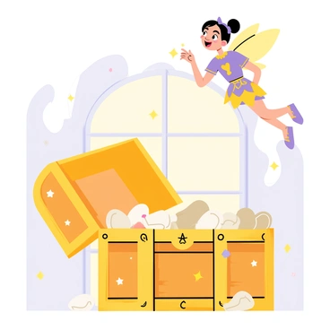 A small "tooth fairy" with delicate wings is hovering above a wooden "treasure chest" that is slightly open. The treasure chest is adorned with intricate carvings and is overflowing with "ancient teeth" of various shapes and sizes. The scene is illuminated with soft, magical light that highlights the sparkling "fairy dust" around the fairy and chest. In the background, there are "glowing stars" and "moonlight" filtering through a window, enhancing the enchanting atmosphere. The fairy has a joyful expression as she looks at the treasure.