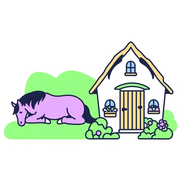 A small cottage with a thatched roof sits nestled in a vibrant landscape. To the left of the cottage, a horse is resting on green grass, its head lowered and eyes half-closed. The horse has a flowing mane that lightly brushes the ground beside it. Surrounding the cottage are various plants and flowers, adding life to the scene. The cottage features a wooden door painted with intricate details and small windows with flower boxes underneath. In the background, rolling hills rise gently into the distance, framing the peaceful setting.
