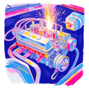 A close-up view of a car engine being started showcases intricate mechanical elements. The engine block is silver with shiny bolts and hoses, and vibrant red wires branch out to connect various parts. Sparks are visibly flying from the ignition coil as it ignites, illuminating the surrounding metal surfaces. Engine components such as the alternator, belts, and exhaust manifold are clearly defined, all interlinked in a complex arrangement. The lighting captures the details of the textures and colors, enhancing the dynamic feel of the starting process.