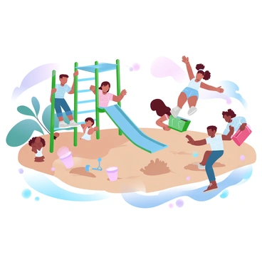A diverse group of children is playing together on a colorful playground. There are children with different skin tones and hair types, engaging in various activities. One child is climbing a bright green jungle gym, while another is sliding down a red slide. Nearby, a boy and a girl are pushing each other on swings, their laughter audible in the air. In the background, a sandbox is filled with children building sandcastles, with buckets and shovels scattered around. The scene is filled with vibrant colors that enhance the joyous atmosphere of friendship.