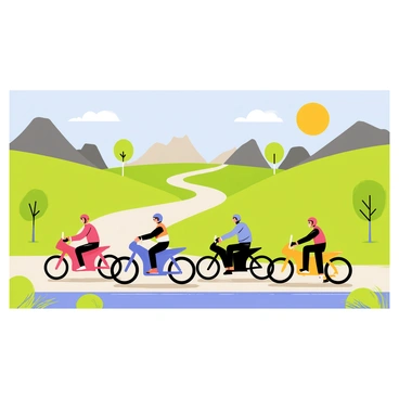 A group of four motorcyclists riding together on powerful bikes. They are traveling through a diverse landscape that includes rolling green hills, rocky mountains in the distance, and a winding road ahead. The motorcyclists are wearing bright helmets and protective gear. One motorcyclist has a red bike, another has a blue bike, the third has a black bike, and the last one rides a yellow bike. The sun is shining brightly in a clear blue sky, casting shadows on the road. There are occasional trees lining the sides of the road, and a small river can be seen flowing nearby.