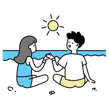 Two friends, a girl with long brown hair and a boy with short black hair, are sitting on a sandy beach. They are both wearing casual summer outfits; the girl is in a light blue tank top and shorts, while the boy is in a white t-shirt and beige shorts. The sun is shining brightly above them, casting soft shadows on the sand. They are leaning slightly towards each other, holding up their wrists to compare colorful friendship bracelets. In the background, gentle waves are lapping at the shore, and there are a few seashells scattered around their feet.