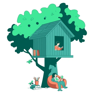 A teal treehouse is nestled among the green leaves of a large tree, partially obscured by branches. The treehouse has a wooden exterior with a small, open window revealing a cozy interior. Inside, a person is sitting comfortably in a soft orange chair, absorbed in reading a book with a colorful cover. Sunlight filters through the leaves, casting dappled shadows on the floor of the treehouse. A small shelf nearby holds other books and a cup filled with pencils, indicating a space dedicated to quiet reflection and reading.