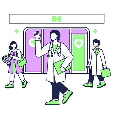 A doctor is standing outside a hospital entrance. The doctor is wearing a white coat, a stethoscope around their neck, and is smiling warmly. In their left hand, they hold a clipboard, while their right hand is raised in a welcoming gesture. The hospital building behind them has large glass doors and a prominent sign. A few patients can be seen approaching, with one person holding a bouquet of flowers and another carrying a bag. The scene is set during the day with clear visibility of the hospital's features.