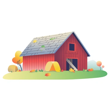 An old rustic barn made of weathered wood is situated in an open field. The barn has a red exterior and a wooden roof that shows signs of age, with patches of faded paint. Surrounding the barn, there are scattered hay bales arranged haphazardly across the green grass. Fallen leaves, in shades of orange, yellow, and brown, cover parts of the ground, creating a natural carpet. In the background, a few distant trees with autumn foliage frame the scene, enhancing the rural atmosphere. The sky is clear with soft light illuminating the barn and field.