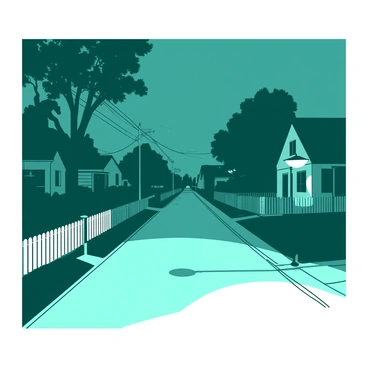 A suburban street is lined with quaint houses, each with manicured lawns and white picket fences. The sky is a dusky teal, casting an unusual glow over the scene. Shadows stretch and twist unnaturally from the trees, creating a sense of movement in the stillness. In the foreground, a streetlamp emits a soft white light, illuminating the pavement but allowing the edges to remain dark and mysterious. A faint outline of a figure can be seen lurking under one of the porches, barely distinguishable from the shadows. The atmosphere is thick, with an unsettling tension woven through the familiarity of the setting.
