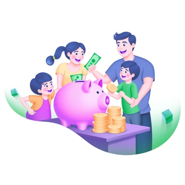 A modern pastel illustration featuring a happy family of four, including a mother, father, and two children, gathered around a large pink piggy bank. The piggy bank is placed on a coffee table. The family members are smiling and animated as they count their savings, which includes stacks of coins and some bills. The scene is bright and inviting, with cheerful colors and playful expressions, capturing the joy of saving money together.