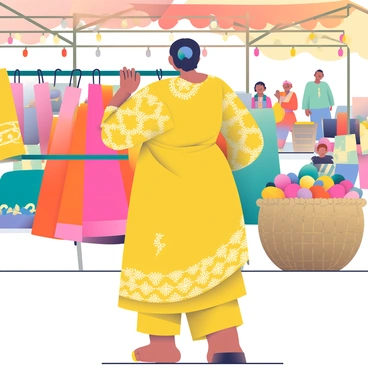 An Indian woman with dark hair tied back in a bun is browsing through an array of colorful fabrics at a vibrant bazaar. She is wearing a bright yellow salwar kameez adorned with intricate patterns. Her hands are gently touching the fabrics, which include bright orange, teal, and magenta textiles hanging from wooden displays. The bazaar is bustling with activity, featuring stalls adorned with decorative lights and other shoppers in traditional attire. In the background, there are large, woven baskets filled with colorful textiles and a canopy of fabric overhead creating a lively atmosphere.
