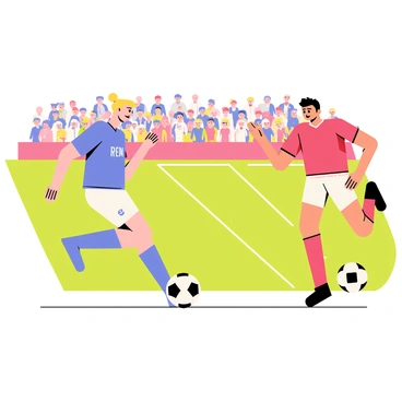 A soccer player with a light blonde ponytail, wearing a blue jersey and white shorts, is skillfully dribbling a black and white soccer ball. The player is evading an opponent dressed in a red jersey, who is lunging to intercept the ball. The soccer field is marked with white lines, and a crowd of excited fans can be seen in the background, cheering enthusiastically.