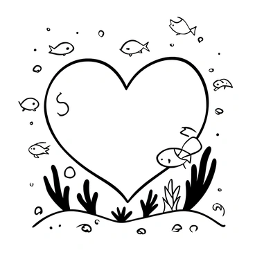 A large heart shape submerged in water, surrounded by small fish swimming in various directions. Soft ripples are visible on the water's surface, creating a gentle flow around the heart. Some seaweed and aquatic plants are scattered around the heart, adding depth to the scene. The fish are illustrated in different sizes and patterns, contributing to the liveliness of the underwater environment.
