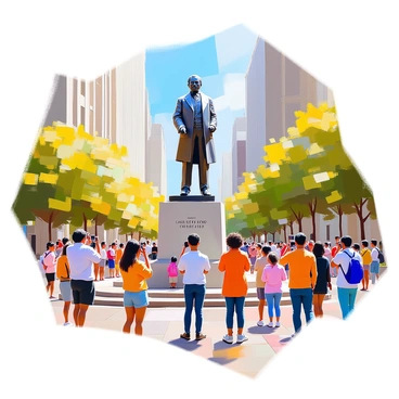A statue of "Frederick Douglass" stands proudly in the center of a bustling city square, capturing the attention of various passersby. The statue is detailed, showcasing Douglass in a dignified pose, wearing a formal coat and displaying his characteristic facial features. Surrounding the statue, a diverse group of people, including men, women, and children of different ethnicities, pause to admire and reflect upon Douglass's legacy. Some take photographs, while others engage in conversation. The background features tall buildings and greenery, with a bright blue sky above, enhancing the lively atmosphere of the square.