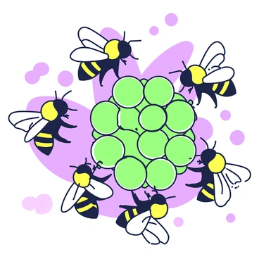 A close-up view of a swarm of bees is captured as they buzz around their hive. The bees are depicted with detailed wings and segmented bodies, showcasing their yellow and black patterns. The hive is constructed of hexagonal cells made of beeswax, with some bees clinging to the surface. The atmosphere is filled with movement as the bees exhibit their agitated state, creating a sense of urgency in the scene. The background is blurred to focus on the bees and the structure of the hive.