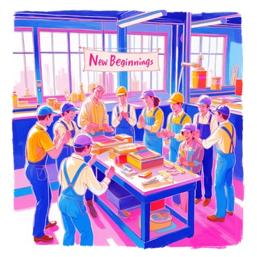A group of workers in a factory are gathered together, celebrating the introduction of new machinery. They are wearing work clothes, such as overalls and caps, and displaying expressions of joy and excitement. Some workers are clapping their hands, while others are gathered around the new machinery, examining its features. The factory setting includes large windows that allow light to stream in, highlighting the metal and wood textures of the machinery. In the background, there are conveyor belts and tools lying on workbenches, emphasizing the bustling environment of the industrial revolution. A banner hanging from the ceiling reads "New Beginnings."