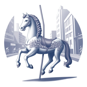 A carousel horse stands prominently in an urban environment. The horse is depicted mid-gallop, showcasing its ornate details such as flowing mane and muscular build. The body of the horse is adorned with intricate graffiti designs, featuring bold shapes and patterns. The background reveals a cityscape with tall buildings and a busy street, emphasizing the contrast between the playful carousel horse and the gritty surroundings. The scene captures the dynamic energy of urban life, with pedestrians and cyclists visible in the distance.