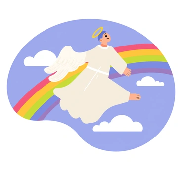 An angel with glowing white wings is soaring through a vibrant rainbow that arches across the sky. The angel has a flowing robe that billows softly as it moves. The blue sky is clear, with fluffy white clouds scattered throughout. The colors of the rainbow are bright and vivid, with red, orange, yellow, green, blue, indigo, and violet segments, creating a striking contrast against the background. The scene captures the grace of the angel as it glides effortlessly among the colors of the rainbow.