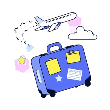 A farewell party invitation with a colorful design. In the center, there is a large suitcase with travel stickers attached, symbolizing adventures. Above the suitcase, an airplane is depicted in flight, taking off with a trail of white clouds behind it. The background features subtle shapes or patterns to enhance the invitation's festive feel. The text on the invitation reads, "Join us for a farewell party!"