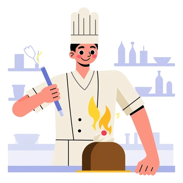 A chef wearing a white uniform and a tall chef's hat is standing at a kitchen counter. The chef is holding a long-handled lighter and expertly igniting a dessert. The dessert is a round chocolate cake topped with whipped cream and a cherry. Bright flames are dancing above the cake, illuminating the chef's face with a warm glow. Small sparks are flying around, creating an exciting atmosphere. The kitchen background includes shelves filled with various cooking tools and ingredients.