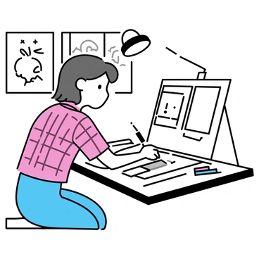 An artist with shoulder-length hair is sitting at a drafting table, focused on creating detailed panels for a graphic novel. The artist is wearing a red plaid shirt and blue jeans. Various tools are scattered across the table, including pencils, erasers, and inking pens. The drafting table is covered with several sheets of paper, each displaying intricate line art and sketches. A bright overhead light illuminates the workspace, casting soft shadows. In the background, a wall is adorned with framed illustrations and sketches.