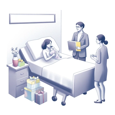 A hospital room with soft lighting and white walls. The room features a hospital bed with crisp white sheets. A new mother is reclining against the pillows, holding her newborn baby wrapped in a blanket. Surrounding the bed are several colorful gifts stacked on a small table, including baby toys, clothes, and flowers in a vase. Two friends are standing beside the bed, one is holding a gift bag, while the other is smiling and looking at the baby. The atmosphere feels warm and welcoming, capturing the joy of the moment.
