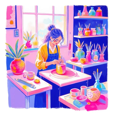An artisan is working in a cozy pottery studio. The artisan is focused on shaping a ceramic piece inspired by the vibrant colors and textures of dragon fruit. Surrounding the artisan are shelves filled with colorful pottery, tools, and raw clay. Natural light filters through a window, highlighting the intricate details of the dragon fruit design being carved into the pottery. A small table nearby holds various dragon fruit and paintbrushes, adding to the creative atmosphere of the studio.