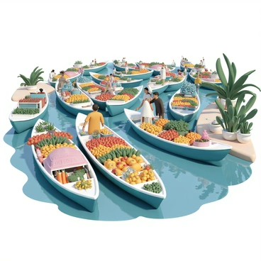 A vibrant floating market with numerous boats gliding over the water. Each boat is filled with a variety of colorful fruits and vegetables, including bright red tomatoes, yellow bananas, green cucumbers, and orange carrots. Vendors wearing traditional clothing are interacting with customers, exchanging goods and money. Lush greenery surrounds the market, and people are walking along the edges of the water, admiring the fresh produce. The sky is clear, allowing sunlight to illuminate the scene, highlighting the vivid colors of the fruits and vegetables.