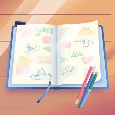 An open sketchbook is displayed on a wooden table. The pages of the sketchbook are filled with a variety of quick sketches and doodles in pencil, ink, and colored pencil. There are whimsical drawings of animals, abstract shapes, and landscapes scattered across the pages. A few pages show partially completed sketches, with light pencil outlines indicating the artist's thought process. A black eraser and a set of colored pencils are resting beside the sketchbook, adding to the creative atmosphere. The sunlight is softly illuminating the sketchbook, casting gentle shadows on the table surface.