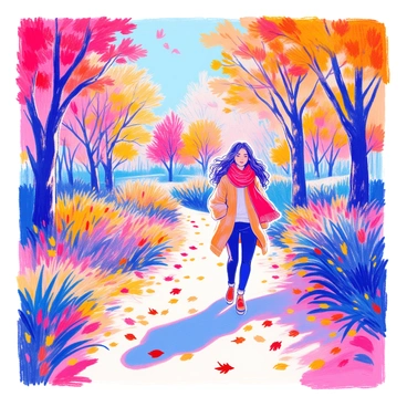 A woman is walking through a park covered in vibrant autumn leaves. She is wearing a bright red scarf that stands out against the backdrop of yellow, orange, and brown foliage. Her long hair is gently blowing in the breeze. She is dressed in a cozy sweater and fitted jeans. In the background, a variety of trees with colorful leaves tower over the scene. The ground is adorned with freshly fallen leaves. The sunlight filters through the branches, creating a warm glow around her as she enjoys her walk.