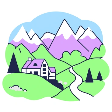 A small village is situated in a valley. The village features quaint houses with sloped roofs, and a narrow pathway runs through it. Surrounding the village, there are majestic mountains that rise sharply into the sky. The peaks of the mountains are covered with snow, contrasting with the green valleys below. In the foreground, there are patches of grass and a few trees, providing a natural divide between the village and the mountains. A clear blue sky stretches overhead.