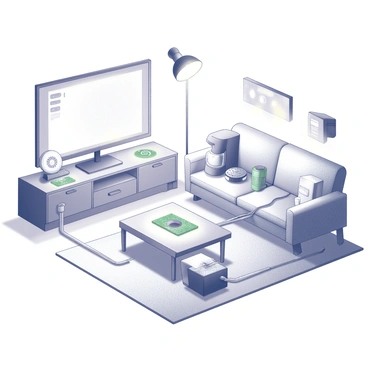 A living room setup showcasing home automation technology. A Raspberry Pi is located on a table, connected to various devices. Smart light fixtures are illuminated, demonstrating different states of brightness. A television is turned on, displaying a smart interface. Several home appliances, such as a coffee maker and a fan, are plugged in and visibly responding to commands. Cables are neatly arranged, and there are small screens or indicators showing the status of each device. The overall arrangement emphasizes the interconnectedness of modern technology within a home environment.