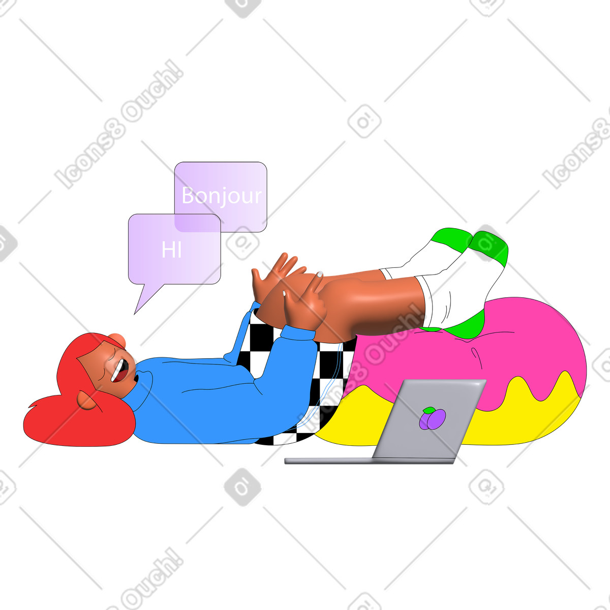 Donna che impara le lingue online sul computer portatile illustrazione in stile Pop scarica in PNG, SVG