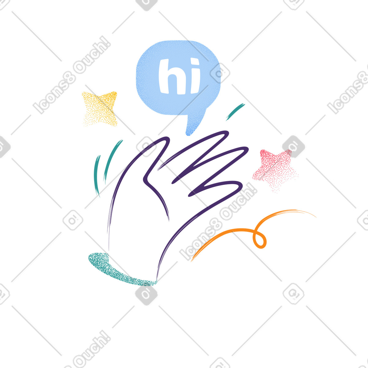 Grain 스타일의 Friendly greeting and welcome, Waving hand with hi speech bubble 일러스트레이션 PNG, SVG 다운로드