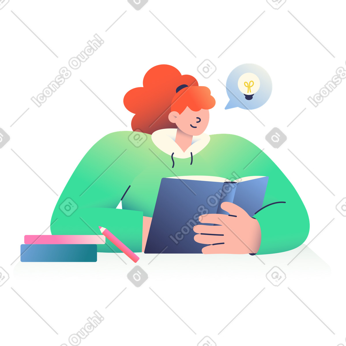Woman learning by reading a book illustration college clipart educational graphics vector images