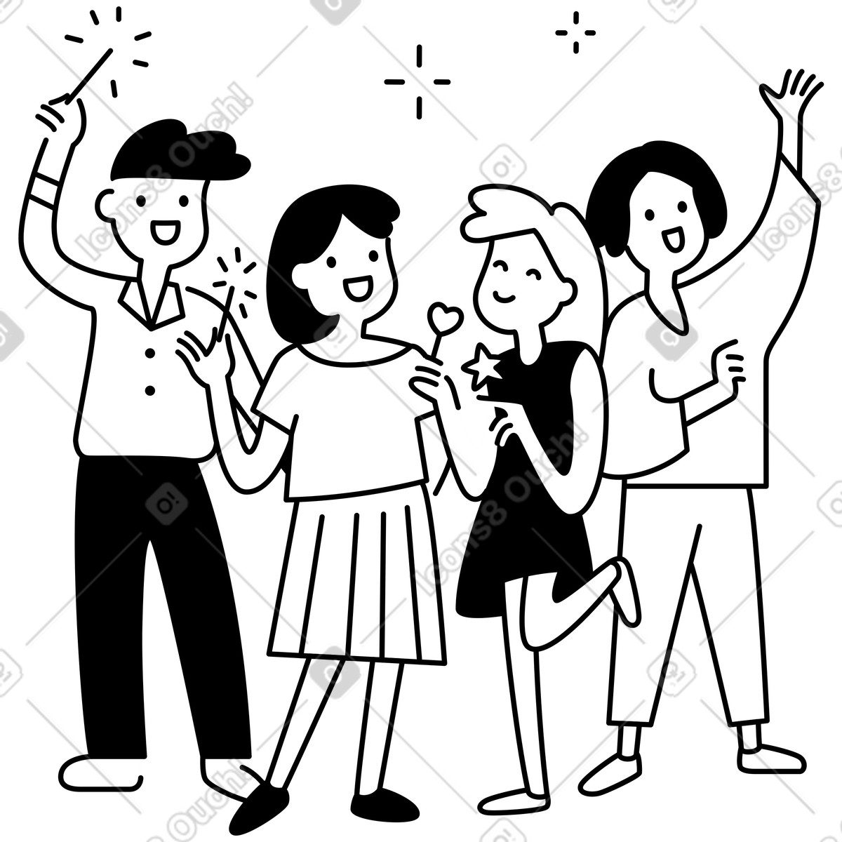 下载 Notion Line Art 风格的 Friends group hugging together celebrating New Year's with hearts and star 插画，支持 PNG、SVG 格式