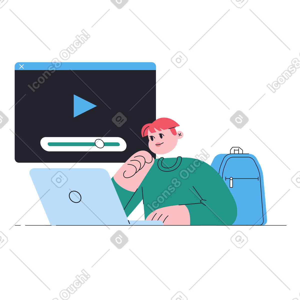 Student using laptop for learning videos, Online education from home illustration in Boba style download in PNG, SVG