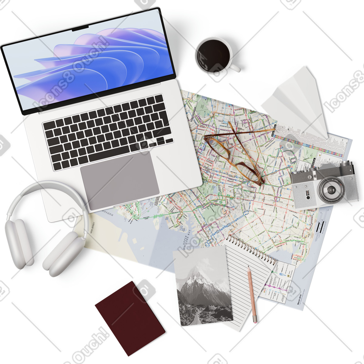 Vista dall'alto di mappa, laptop, cuffie, passaporto e fotocamera illustrazione in stile 3D Hygge scarica in PNG, SVG