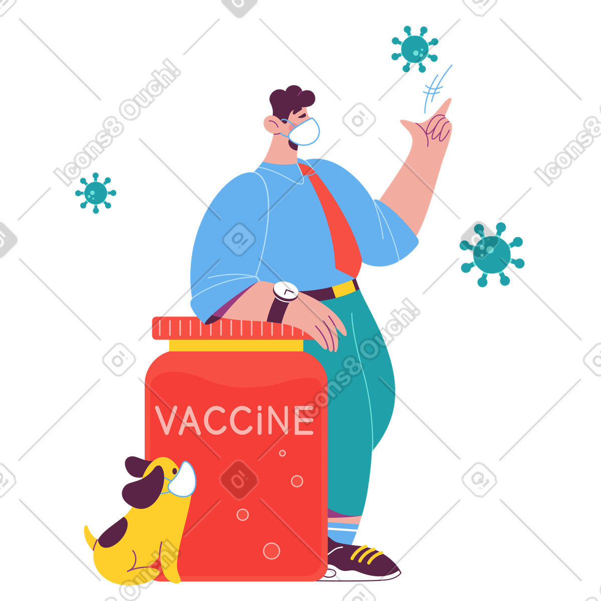 Man and dog with coronavirus vaccine illustration in Sammy style download in PNG, SVG