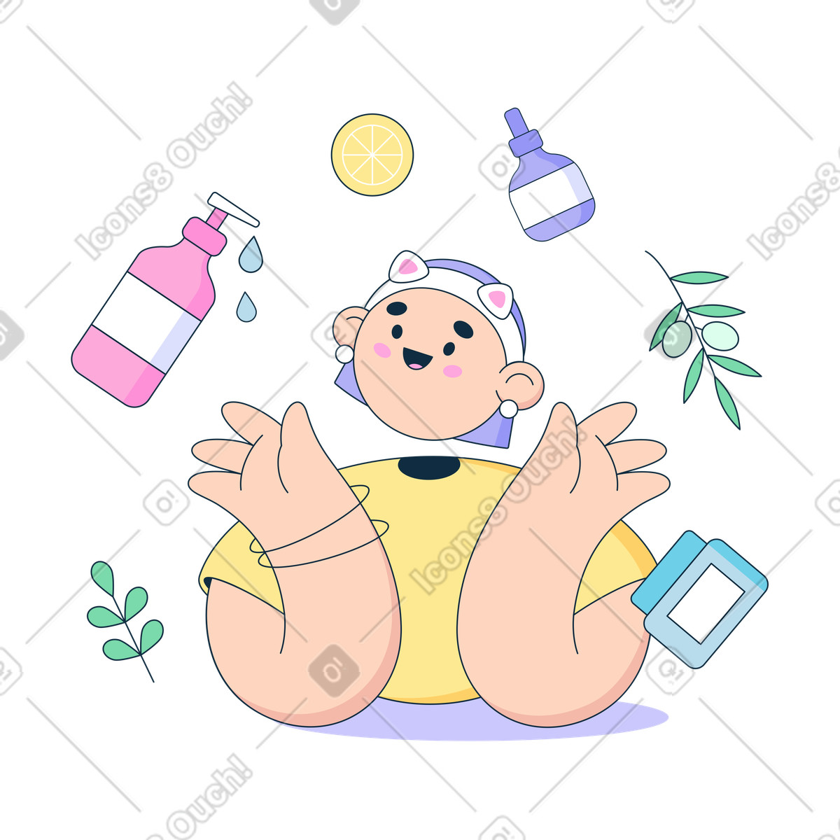 Ilustração de Mulher com produtos para a pele em no estilo Bubble gum baixar em PNG, SVG