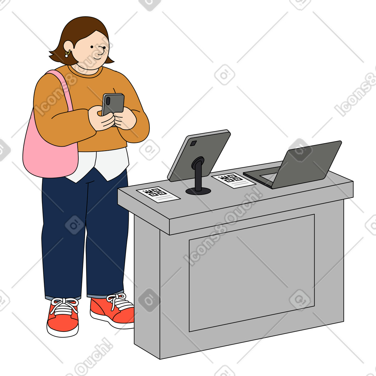 Il consumatore sceglie i dispositivi tecnologici al terminale self-service illustrazione in stile Kindy scarica in PNG, SVG