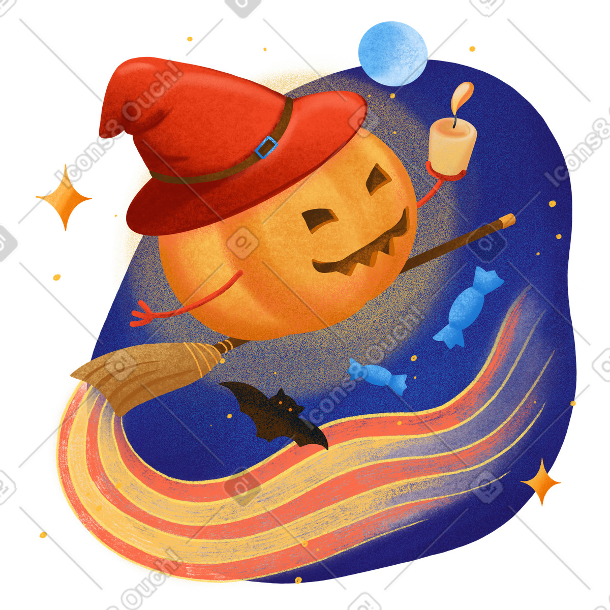 Ilustración Calabaza de halloween volando en una escoba con vela las manos estilo Gleam a descargar PNG y SVG