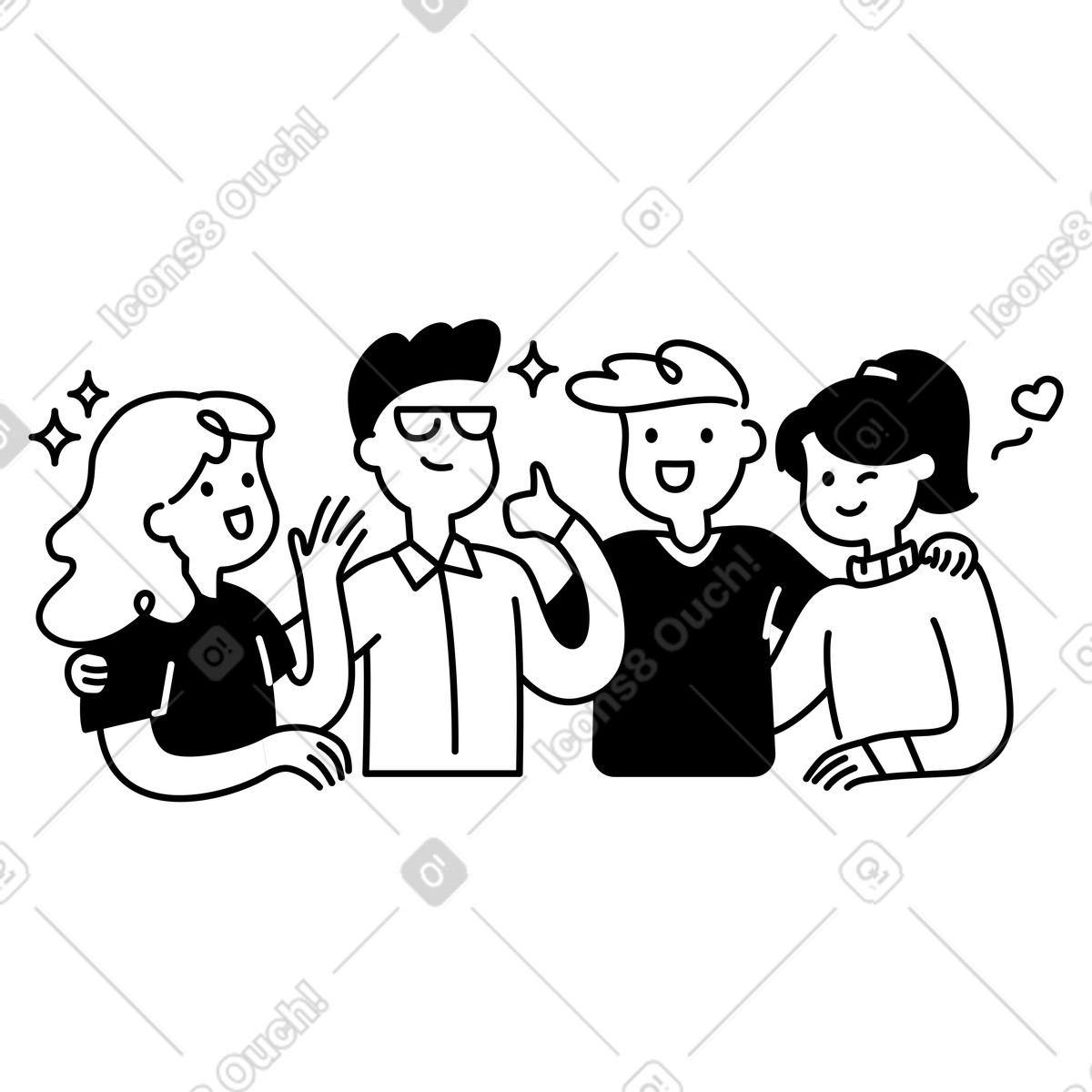 Illustration Community members standing side by sharing joyful expressions dans le style Notion Line Art à télécharger aux formats PNG, SVG