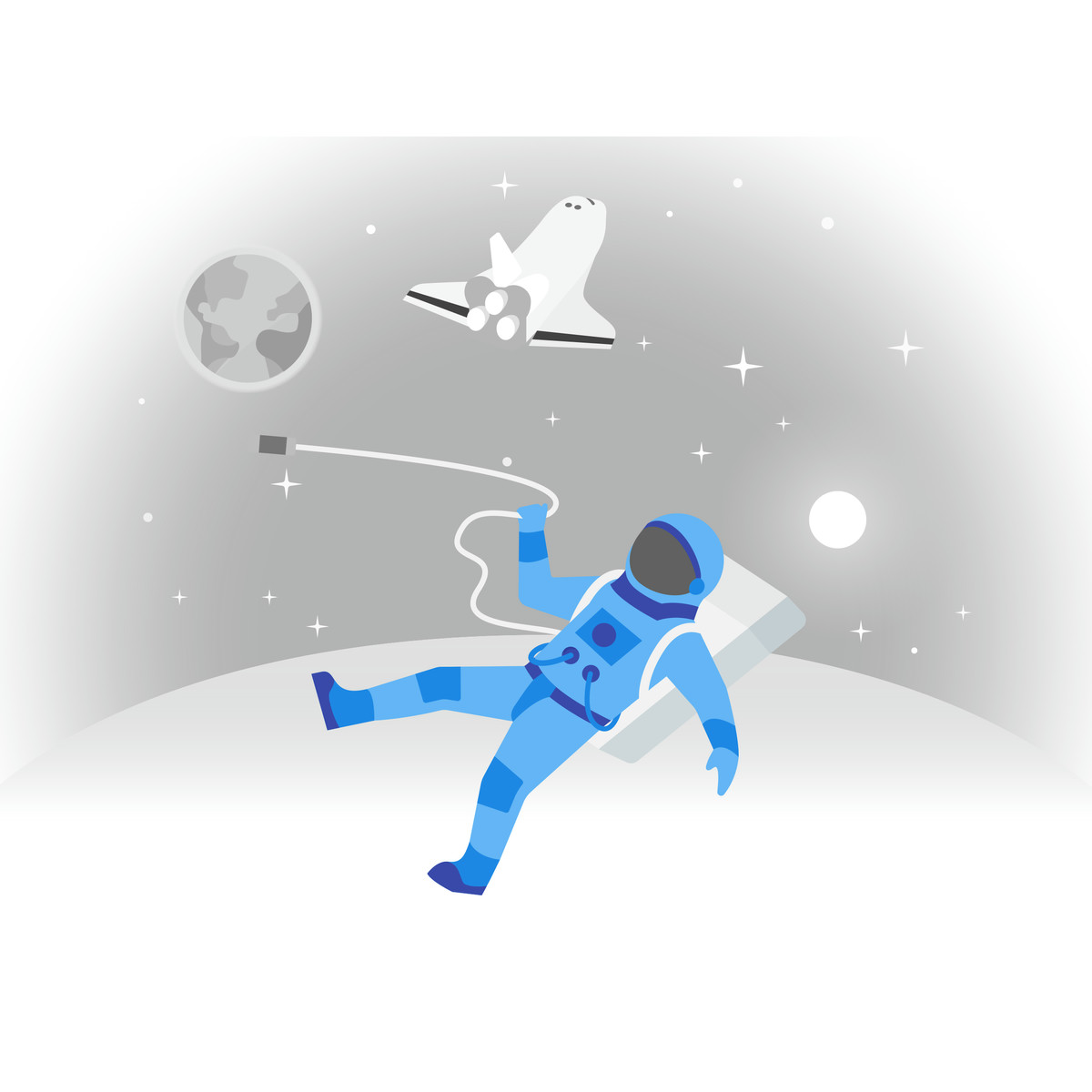 Astronaut with tether floating in space, Cosmic travel and exploration-Illustration im Fogg-Stil als Download PNG, SVG
